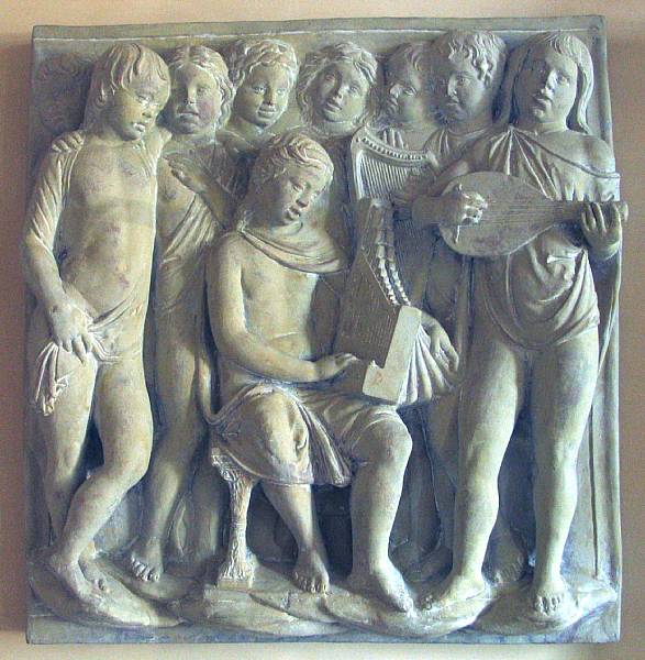 Appraisal: A Neoclassical style painted terracotta frieze of eight musicians height