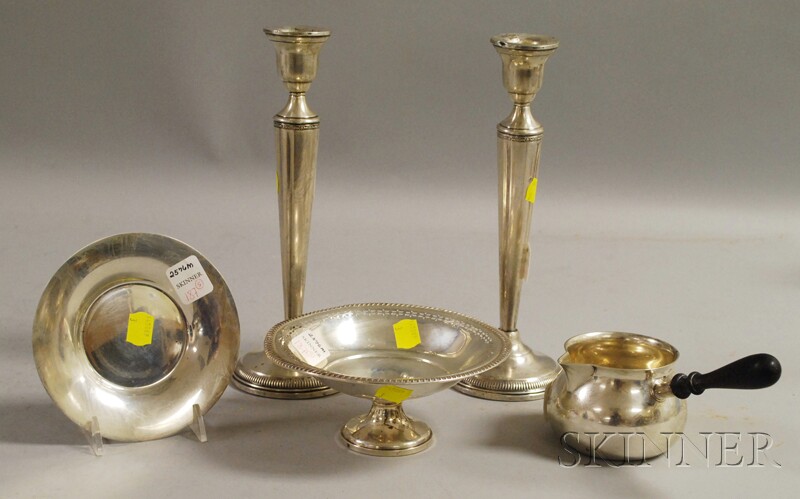 Appraisal: Five Sterling Tableware Items a pair of Columbia weighted candlesticks