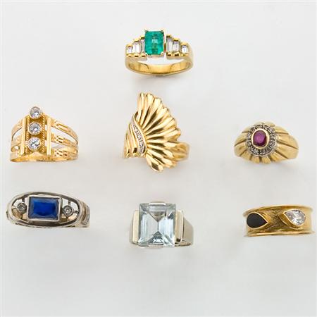 Appraisal: Group of Seven Gold Gem-Set Diamond and Simulated Diamond Rings