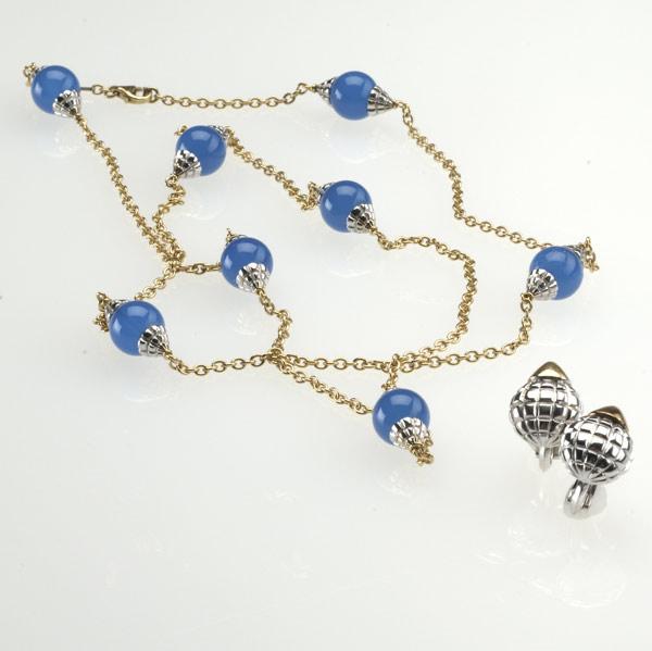 Appraisal: FARAONE k blue hardstone bead necklace and similar clip earrings