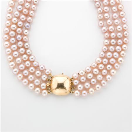 Appraisal: Four Strand Fresh Water Pearl Necklace with Gold Clasp Estimate