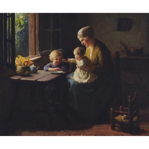 Appraisal: Bernard Pothast - INTERIOR WITH MOTHER AND CHILDREN BY A