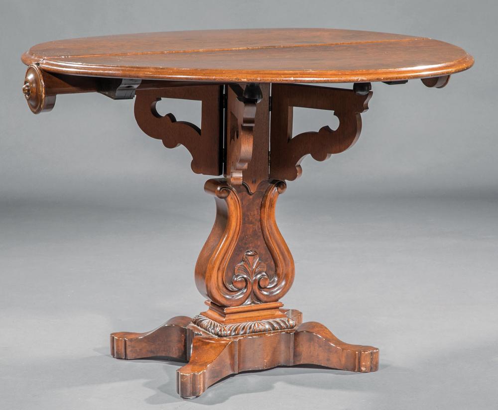 Appraisal: William IV Burled Walnut Sunderland Table lyre-form standard shaped trefoil