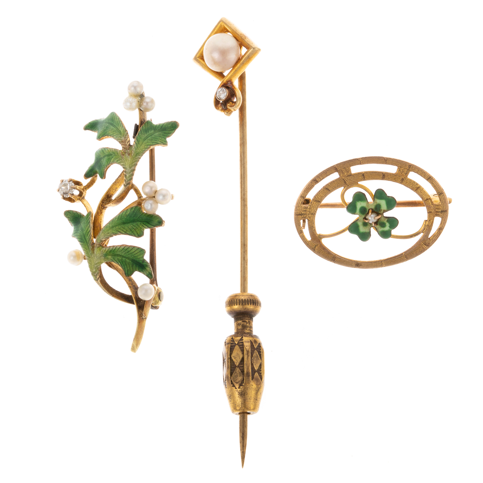 Appraisal: A TRIO OF ART NOUVEAU ENAMEL PINS IN K K