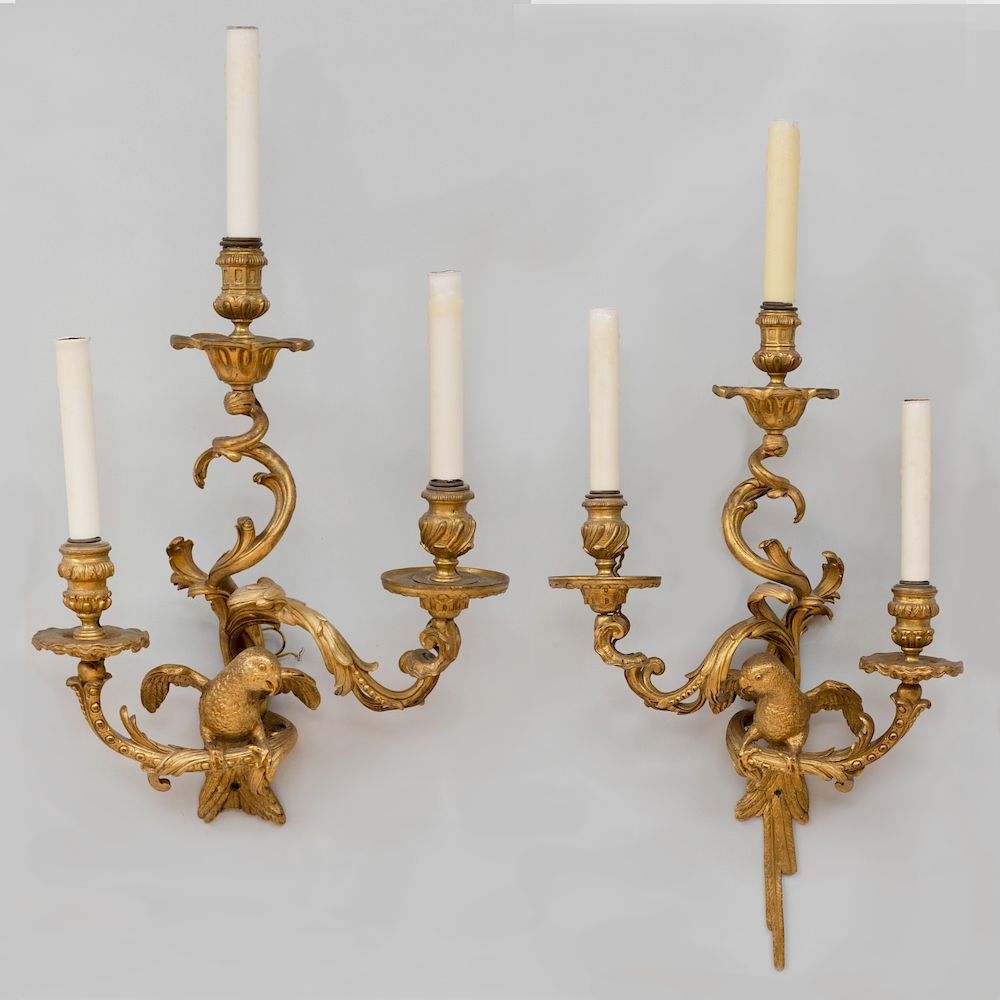 Appraisal: Pair of Louis XV Ormolu Three-Light Sconces Each fitted with