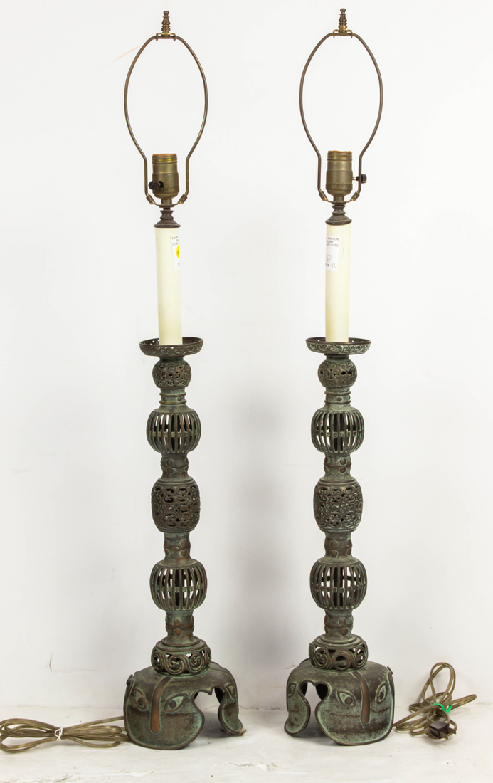 Appraisal: PAIR OF JAPANESE BRONZE CANDLE PRICKETS Pair of Japanese bronze