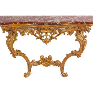 Appraisal: An Italian Carved Giltwood Marble-Top Console Table Circa Height x