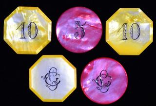 Appraisal: Set of Five Mother of Pearl Gambling Chips Circa Initialed