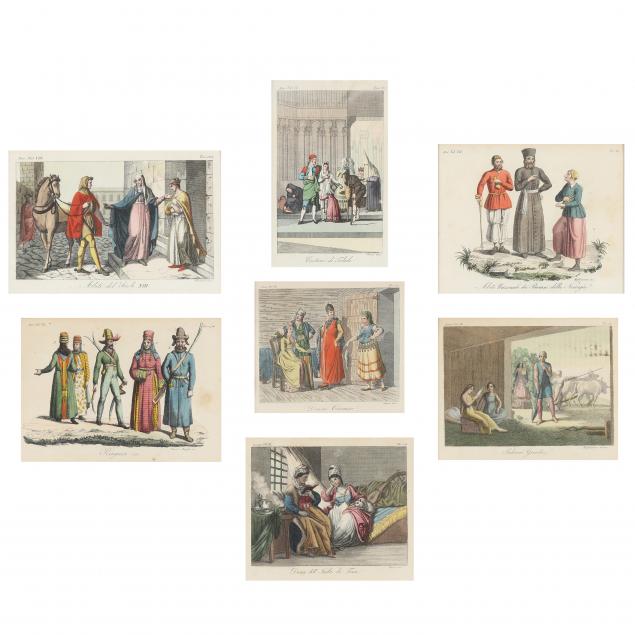 Appraisal: GROUP OF SEVEN ANTIQUE COSTUME ENGRAVINGS Each a hand-colored engraving