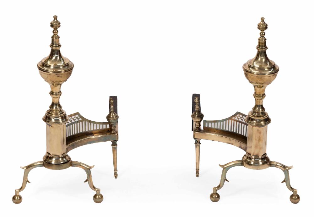 Appraisal: PAIR OF BRASS ANDIRONS ATTRIBUTED TO R WHITTINGHAM New York