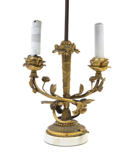 Appraisal: Sale Lot A French Gilt Bronze and Marble Two-Light Candelabrum