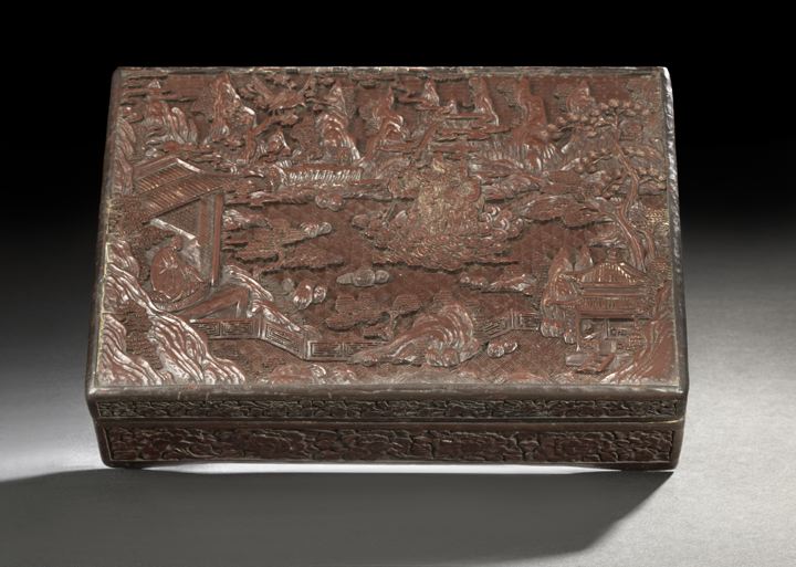 Appraisal: Chinese Cinnabar Lacquer Rectangular Box th century the cover deeply