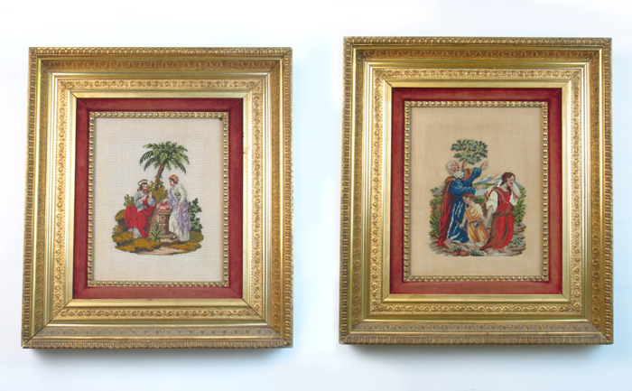 Appraisal: PAIR NEEDLEPOINTS depicting biblical scenes the Holy Family's journey to