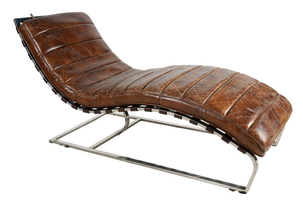 Appraisal: MODERNIST BROWN LEATHER CHROMED METAL CHAISE LOUNGEmanufacturer unknown with paper