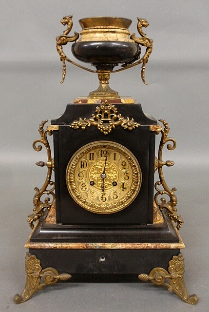 Appraisal: - French onyx and marble mantel clock with fire gilt