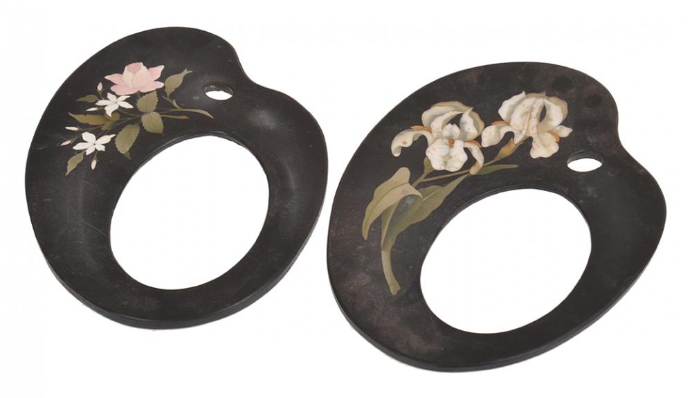 Appraisal: TWO PIETRE DURA PALETTE SHAPED FRAMES INLAID WITH FLORA