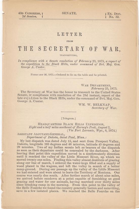 Appraisal: CUSTER GEORGE ARMSTRONG Letter from the Secretary of War Transmitting