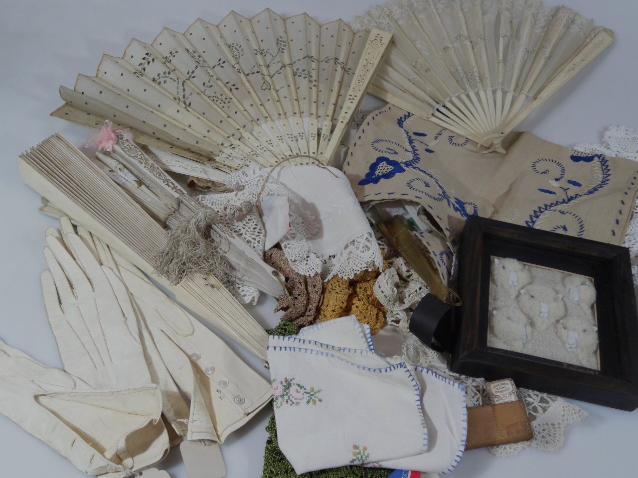 Appraisal: Various haberdashery linen to include worked examples kid gloves ivory