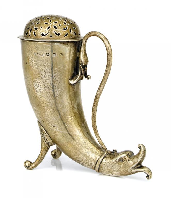 Appraisal: A VICTORIAN ZOOMORPHIC CASTER of horn shape with domed lid