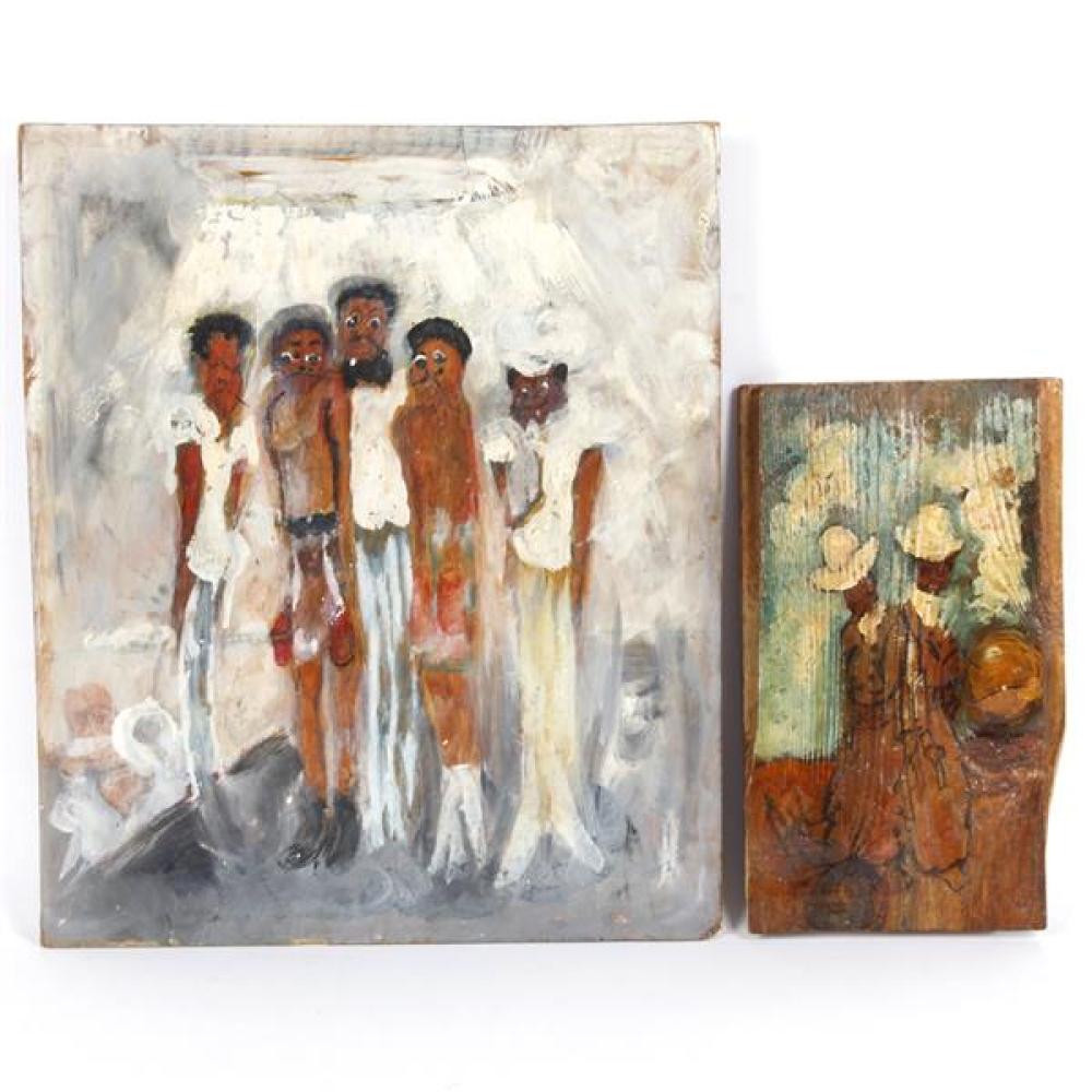 Appraisal: TWO OUTSIDER SELF TAUGHT ARTIST FIGURAL PANEL PAINTINGS AFRICAN AMERICAN