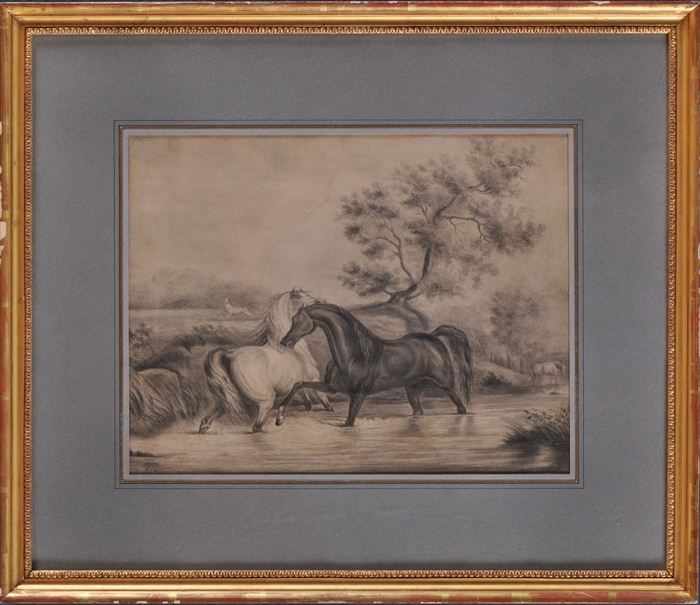 Appraisal: FRENCH SCHOOL TWO HORSES IN A STREAM Charcoal on paper