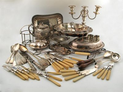 Appraisal: A mixed lot of electroplated items including a three-branch candelabrum