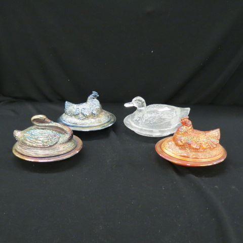 Appraisal: Figural Glass Covered Dishes swan duck hens on nest Sturbridge