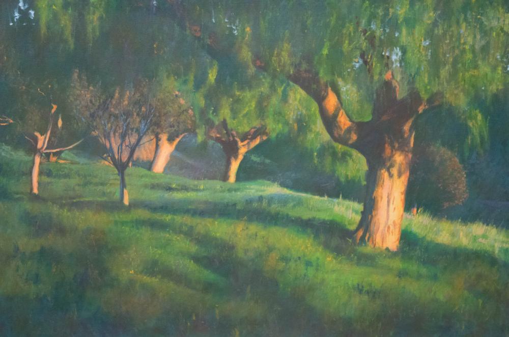 Appraisal: RICHARD SCHLOSS California born oil on canvas Pepper Trees Signed