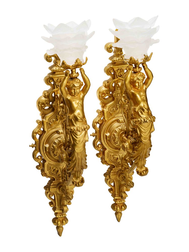 Appraisal: A Pair of Aesthetic Movement Style Gilt Bronze Wall Sconces