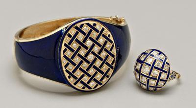 Appraisal: Blue enamel diamond bracelet ring both with circular basket weave