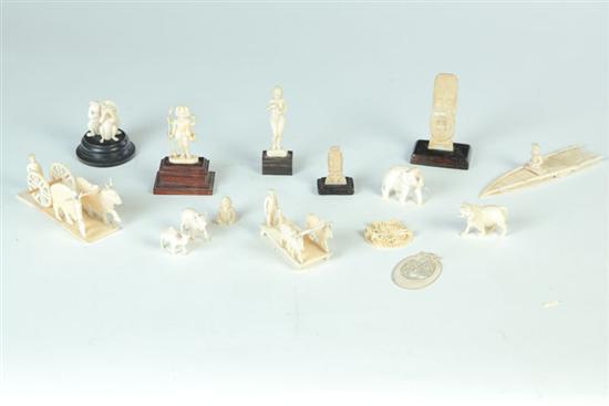 Appraisal: THIRTEEN IVORY CARVINGS Twentieth century Five Indian carvings of farmers