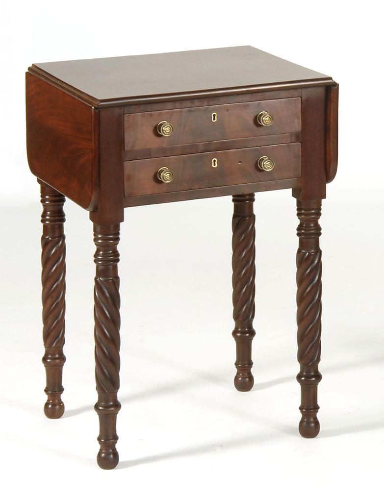 Appraisal: SHERATON TWO-DRAWER DROP-LEAF STAND Circa In San Domingo mahogany Rope-turned