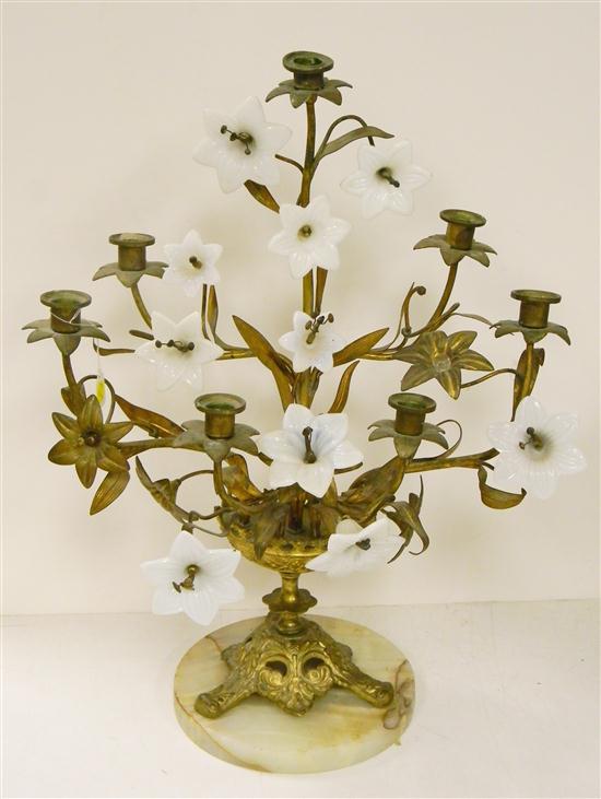 Appraisal: Large brass footed floral candleabra with white glass flowers on