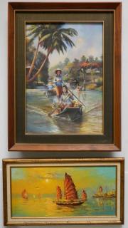 Appraisal: Commercial paintings Commercial paintings- Two Women on River Boat- oil