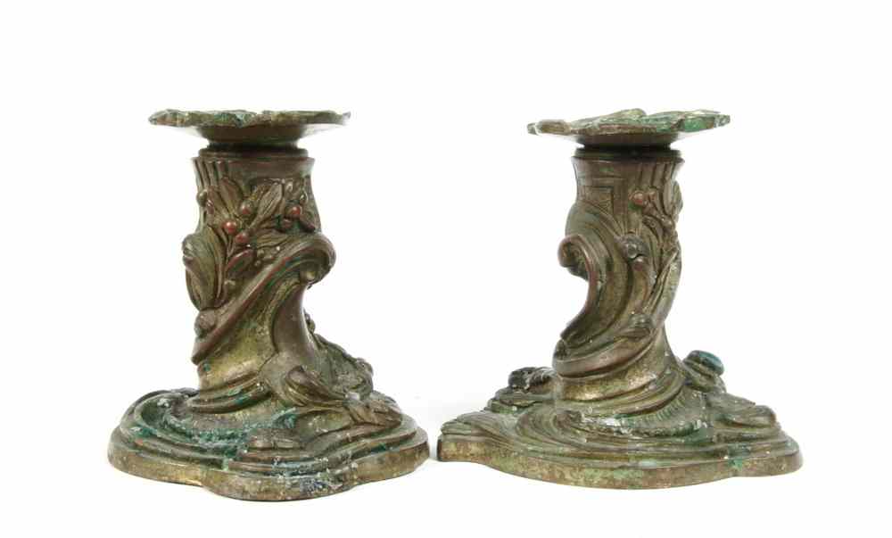 Appraisal: PAIR BRONZE CANDLEHOLDERS - Early Cast Bronze French Baroque Low