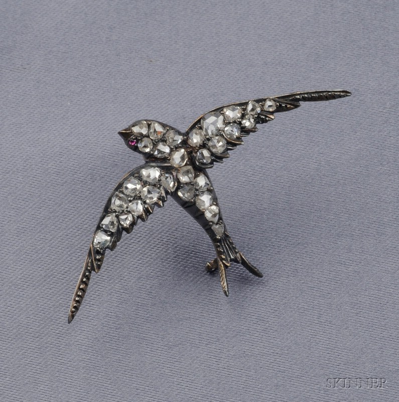 Appraisal: Antique Diamond Swallow Brooch bead-set with rose-cut diamonds silver-topped gold