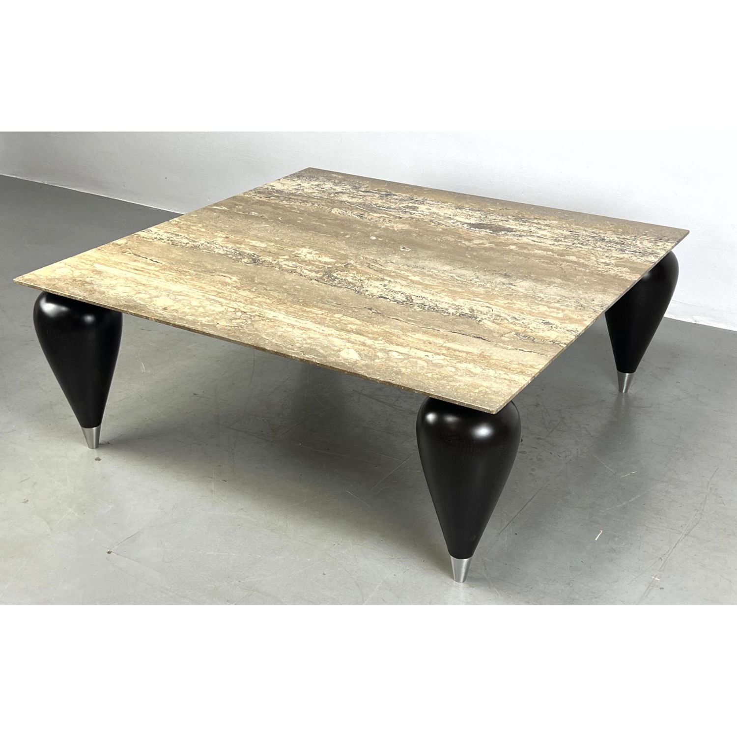 Appraisal: Large Travertine Marble Square Decorator Cocktail Table Designer Ebonized Swollen