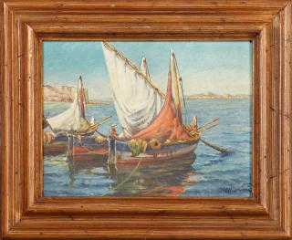 Appraisal: French School Fishing Boats at Anchor th c oil on