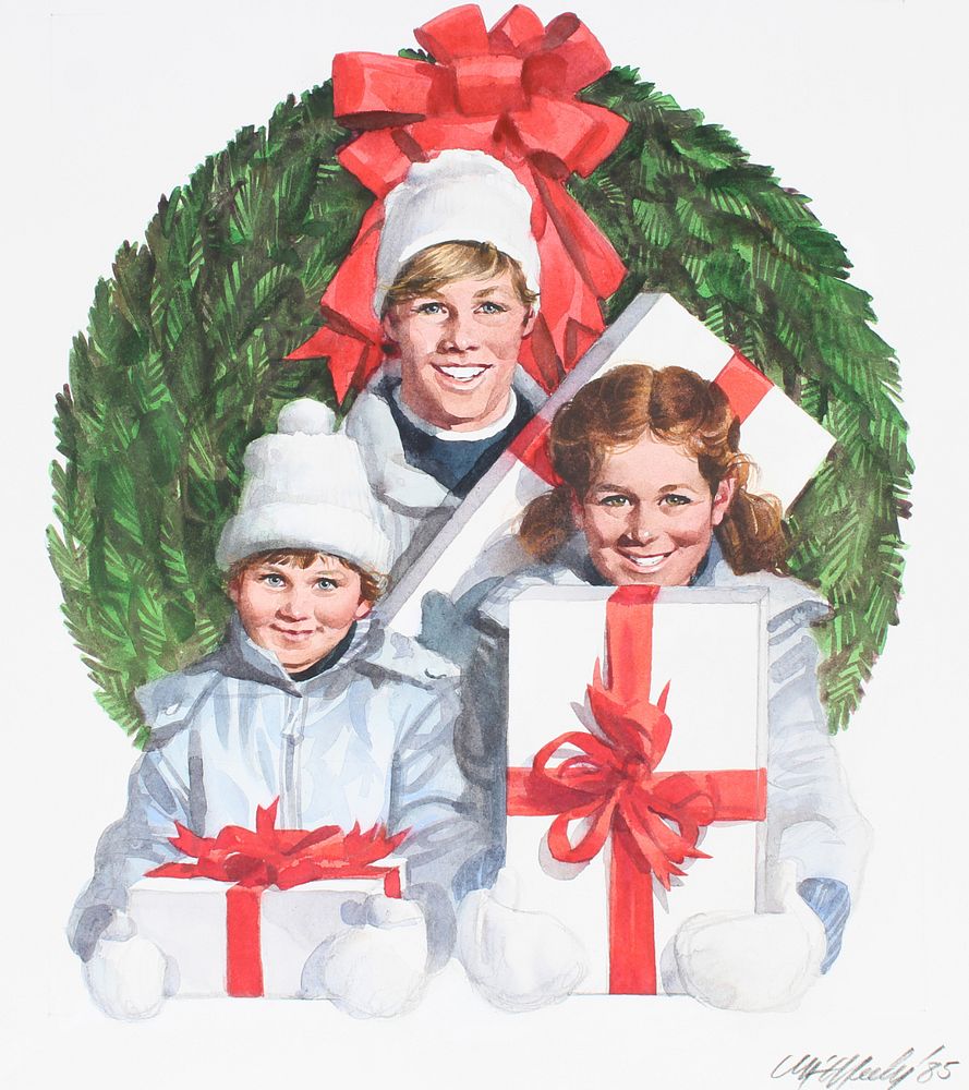 Appraisal: Tom McNeely B Children w Christmas Gift Tom McNeely Canadian