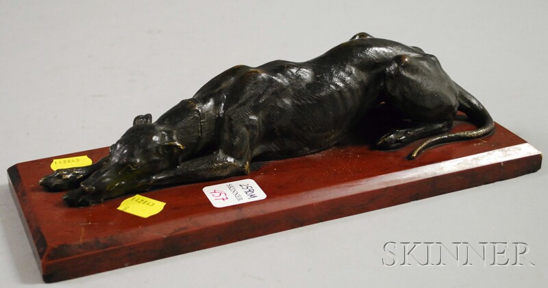 Appraisal: French School th th Century Greyhound Resting Unsigned Bronze with