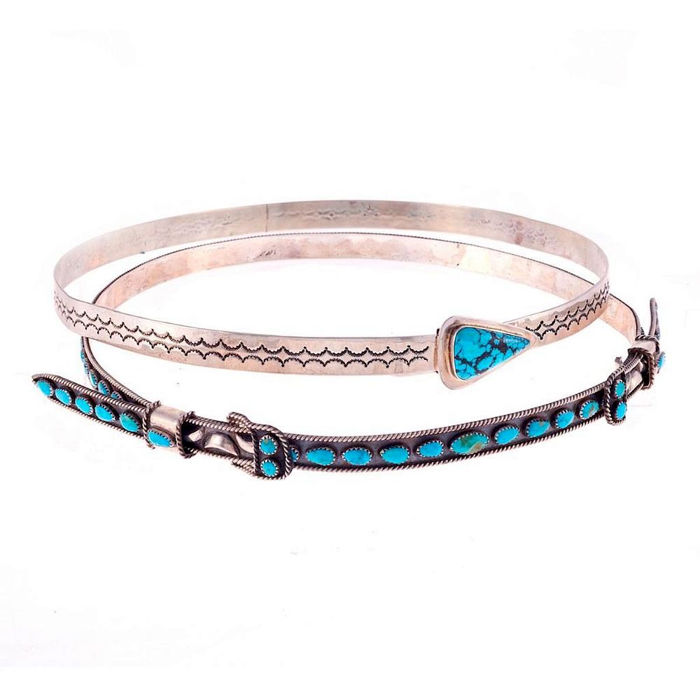 Appraisal: NAVAJO HAT BANDS Two Old Pawn Navajo turquoise and silver