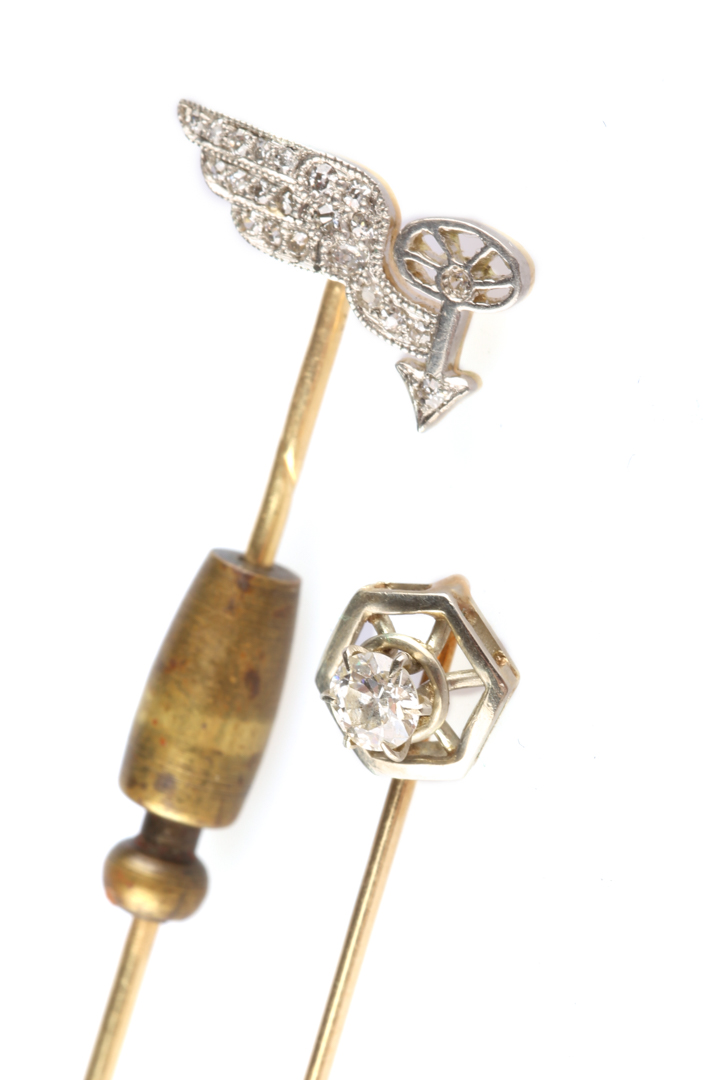 Appraisal: Two Diamond Stickpins in Gold K c 's round diamond