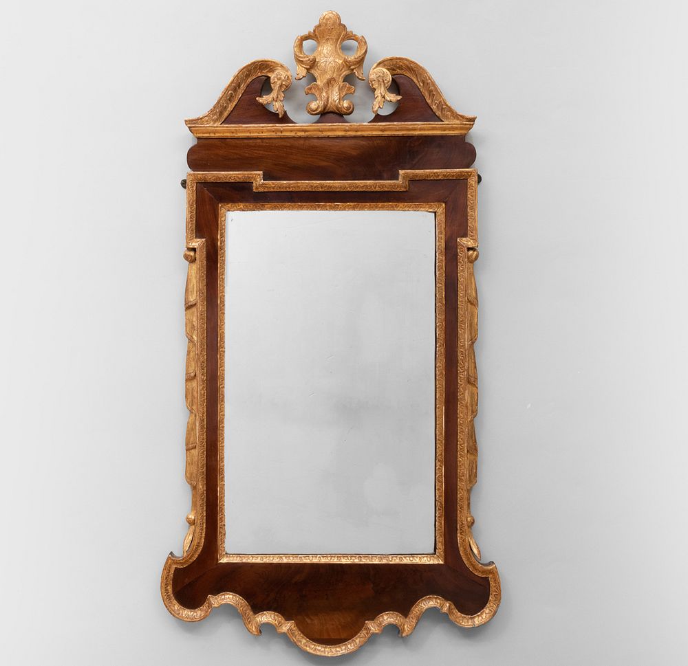 Appraisal: George II Mahogany and Parcel-Gilt Mirror Fitted with a paper