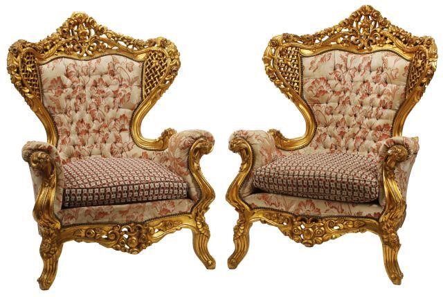 Appraisal: pair French Louis XV style carved giltwood wingback armchairs approx