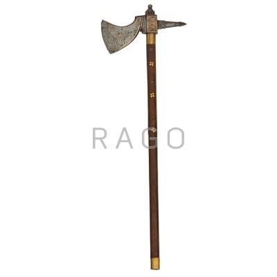 Appraisal: INDIAN BATTLE AXE Iron head with brass inlay hardwood shaft