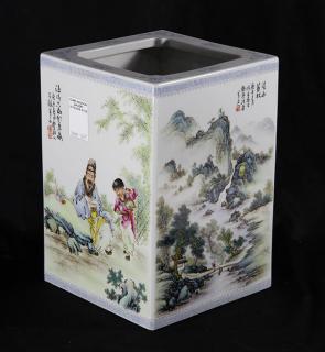 Appraisal: Chinese Enamel Square Porcelain Brush Pot Chinese square enamel porcelain