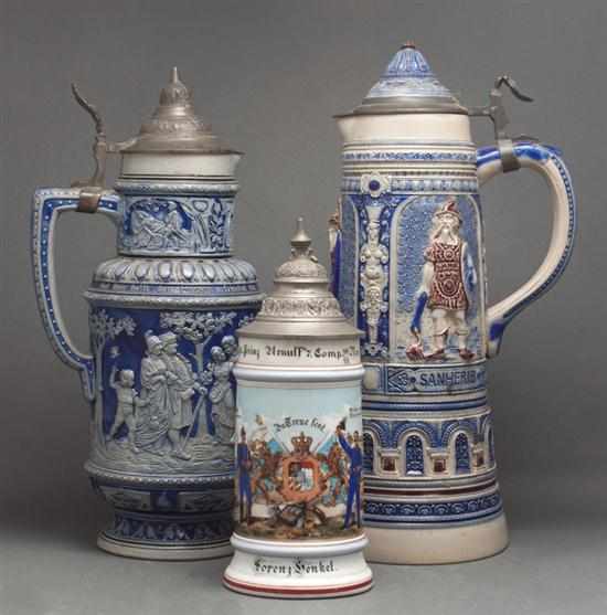 Appraisal: Two German salt glazed pewter-mounted steins and a German lithophane