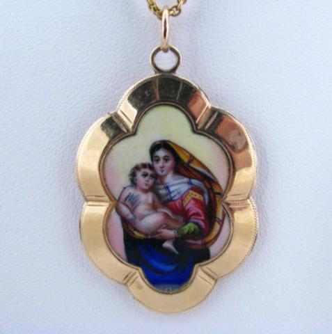 Appraisal: K yellow gold hand painted religious pendant depicting Mary and