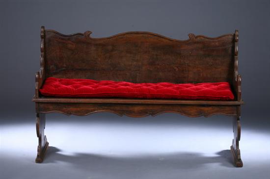 Appraisal: CONTINENTAL CARVED FRUITWOOD BENCH th century Solid back panel with