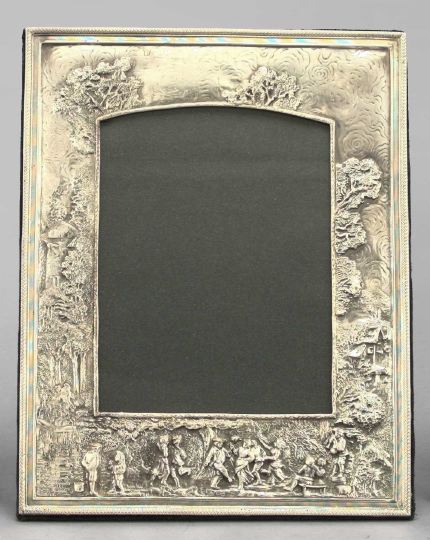 Appraisal: Large English Embossed Sterling Silver-Faced Photograph Frame featuring peasants dancing